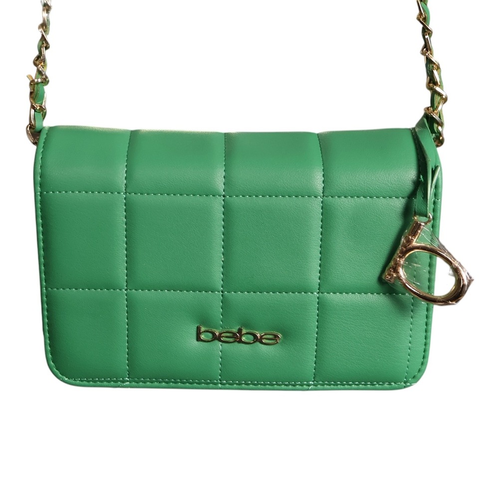 bebe Chica Flap Crossbody Green Puffy Padded Quilted Gold Chain Bag NWT